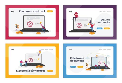 Electronic Contract or Digital Signature Landing Page Template Set. Businessman Character Put Name as Identification Form on Laptop Screen with Stamp on Document. Cartoon People Illustration vector