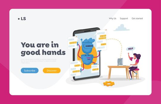 Future Innovation, Artificial Intelligence Technology Landing Page Template. Chatbot Robot on Huge Cellphone Help Customer Character. Ai Faq Support, Online Consultation. Cartoon Illustration vector