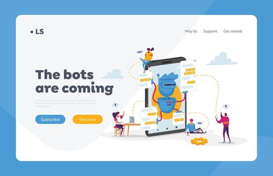 Artificial Intelligence Landing Page Template. Tiny Characters at Huge Mobile with Robot Assistant. Chatbot Help Online Answer Questions, Ai Cyborgs Faq Service. Cartoon People Illustration vector