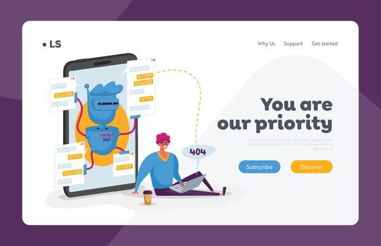Online Chat Bot Consultation Landing Page Template. Client Character with 404 Error on Laptop Chatting with Ai Robot Chatbot. Faq Customer Support, Answer and Innovation. Cartoon Illustration vector