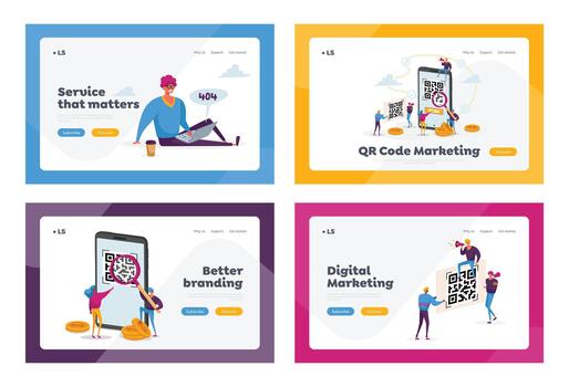 Internet Smart Technologies, Purchase Quality Control, Error 404 Landing Page Template Set. Tiny Characters at Huge Smartphone with Qr Code on Screen, Technical Support. Cartoon Illustration vector