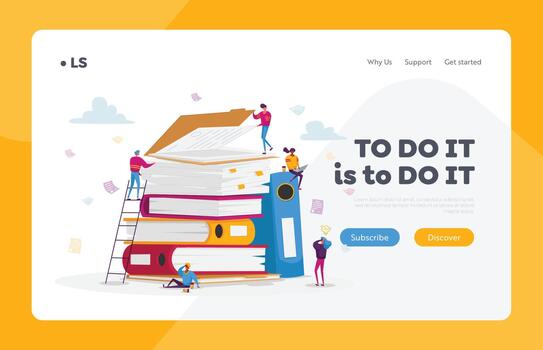 Busy Office People Company Employees Paperwork Deadline Stress Landing Page Template. Tiny Business Characters on Huge Pile of Documentation and Paper Documents Folders. Cartoon Illustration vector