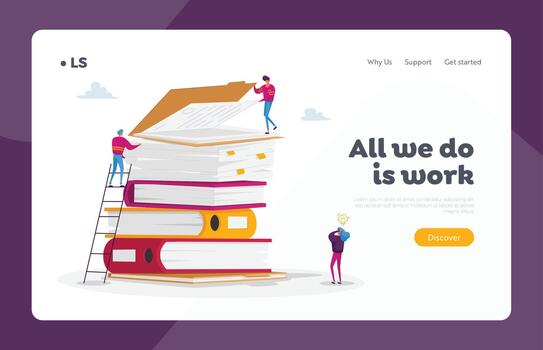 Paper Bureaucracy Landing Page Template. Office Employee Characters Overload at Work with Docs. Man Stand on Huge Documents Steak. Woman Manager with Steaming Head. Cartoon People Illustration vector