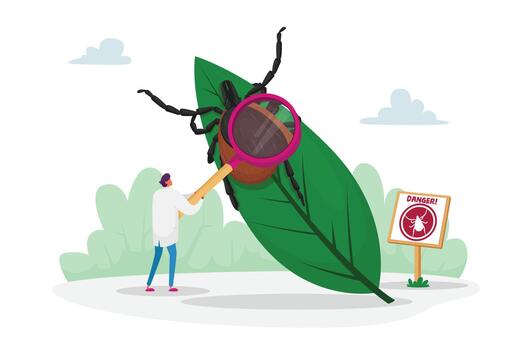 Doctor Character with Magnifying Glass Stand at Huge Leaf with Tick and Warning Sign with Mite Image. Danger of Bite with Tick in Forest and on Nature Outdoor Territory. Cartoon Illustration vector