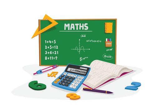 Mathematics Education and School Lesson Concept. Textbook or Notebook with Writings, Calculator, Pen and Compass around of Green Chalkboard with Tasks and Math Formulas. Cartoon Illustration vector