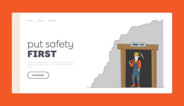 extracción industria profesión, trabajando ocupación aterrizaje página modelo minero en uniforme salida carbón mía cantera sostener pico en hombro. masculino minero personaje a trabajar. lineal ilustración vector