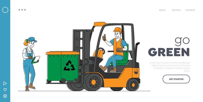Recycling, Trash Storage for Further Disposal Landing Page Template. Worker Character Driving Forklift Truck with Garbage for Waste Processing Technological Process. Linear People Illustration vector