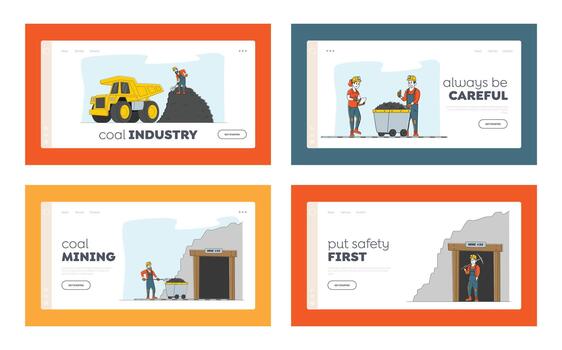 Coal Mining Landing Page Template Set. Miner Characters Work on Quarry with Tools, Transport and Technique. Extraction Industry Technics, Work Equipment for Quarry. Linear People Illustration vector