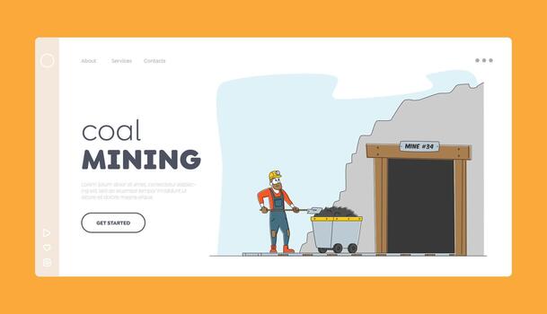 Miner at Work. Extraction Industry Profession Landing Page Template Worker Character in Uniform and Helmet Stand at Coal Mine Entrance with Trolley and with Shovel in Hands. Linear Illustration vector
