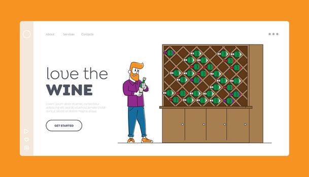 Winemaking Industry Wine Degustation Landing Page Template. Winemaker or Taster Character Stand at Wooden Shelf with Wine Bottles Choose Drink and Read Label on Glass Flask. Linear Illustration vector