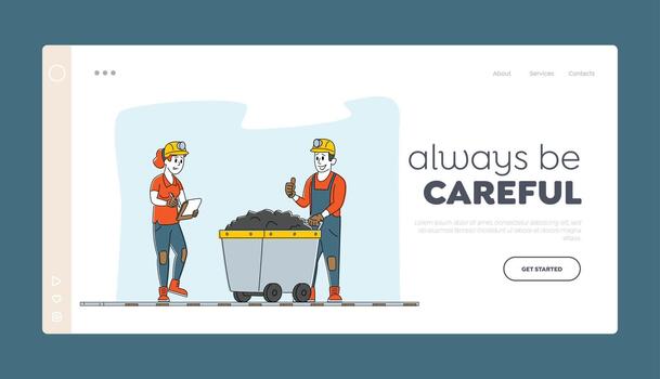 Miners at Work. Extraction Industry Working Occupation Landing Page Template Mine Inspector Character Write Receiving Coal Batch Worker Bring in Trolley from Quarry. Linear People Illustration vector