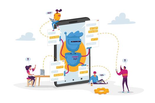 Tiny Characters around Huge Mobile with Robot Assistant. Artificial Intelligence in Human Life. Chatbot Help Clients Online Answer Questions, Ai Cyborgs Faq Service. Cartoon People Illustration vector