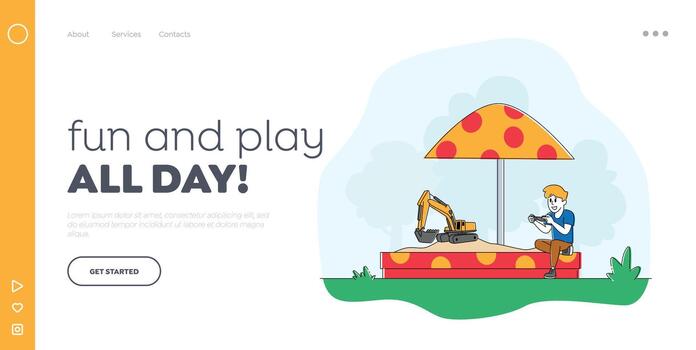 Little Child Playing in Sandbox Landing Page Template. Boy Playing with Toy Excavator on Remote Control. Outdoors Activity, Game, Recreation and Amusement in Yard. Linear Character Illustration vector