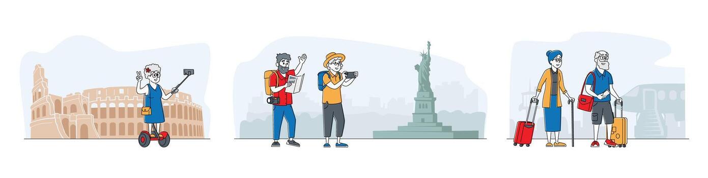 Senior Tourists in Foreign City Searching Place with Map, Using Mobile for Making Selfie. Old Characters Use Smart Technologies in Traveling. Active Pensioners Trip. Linear People Illustration vector
