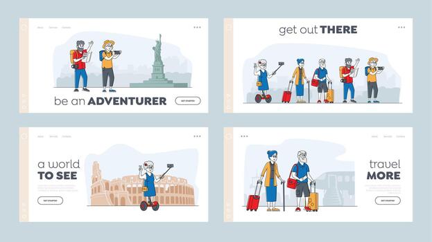 Active Pensioners Trip Landing Page Template Set. Senior Tourists in Foreign City Using Mobile for Making Selfie. Old Characters Use Smart Technologies in Traveling. Linear People Illustration vector