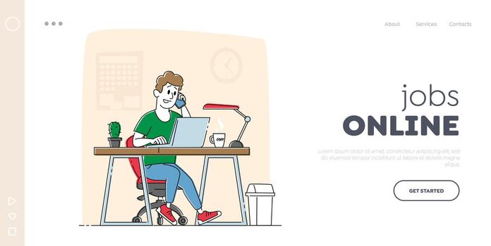 Freelancer or Businessman Working, Searching Solution Landing Page Template. Male Character Work on Laptop and Speaking by Smartphone in Office. Man at Desk Work on Project. Linear Illustration vector