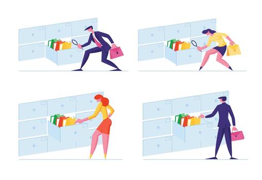 Set of Office Clerk Characters Searching for Files Into Filing Cabinet Drawer, Business Administration and Data Storage. Business People Take Documents in Archive Storage. Cartoon Illustration vector