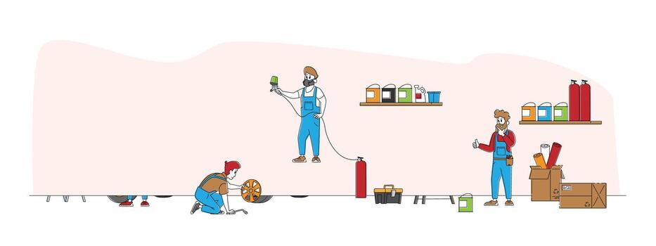 Car Tuning Concept, Automobile Tuner Workers Characters with Instruments Doing Vehicle Modification at Auto Service. Car Body Shop, Transport Upgrade, Painting. Linear People Illustration vector