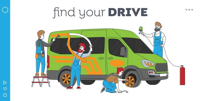 Modification Transportation Service Landing Page Template. Characters Make Auto Tuning and Modernization in Garage Salon vector