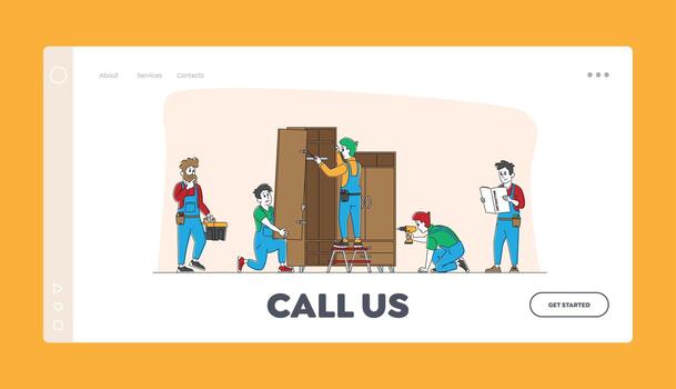 Furniture Assembling Landing Page Template. Workers Repair and Installation Works. Carpenter and Craftsman Characters Assembly Wardrobe with Shelves Using Tools. Linear People Illustration vector