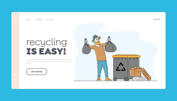 Man at Household Activities Landing Page Template. Character Throw Garbage into Recycling Container. Housekeeping Duties vector