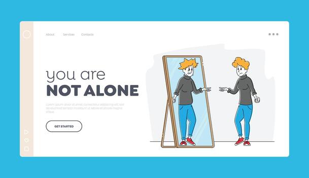 Disgust to Self Appearance, Depression, Mental Problem Landing Page Template. Female Character with Low Self-esteem Looking at Mirror See her Ugly Reflection with Old Face. Linear Illustration vector