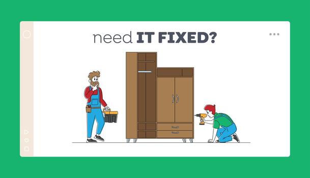 Furniture Assembly Service Landing Page Template. Carpenter Worker Characters with Tools Assembling Wardrobe with Construction Instruments in Belt Bag and Toolbox. Linear People Illustration vector