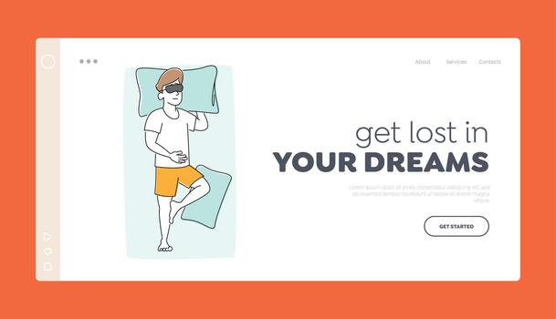 Night Rest and Bedding Time Landing Page Template. Man in Pajama and Mask Sleep on Bed Lying on Back with Hand under Pillow. Male Character Sleeping in Relaxed Pose. Linear Illustration vector