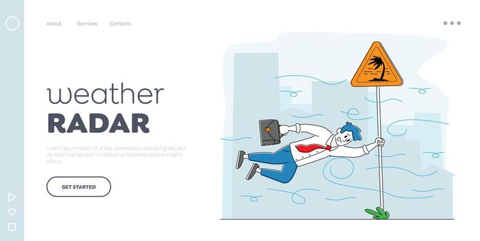 Extremely Blowing Wind, Meteorology Forecast Landing Page Template. Business Man Character Hanging on Road Sign with Palm Tree Blown with Strong Windy Autumn Weather. Linear Illustration vector