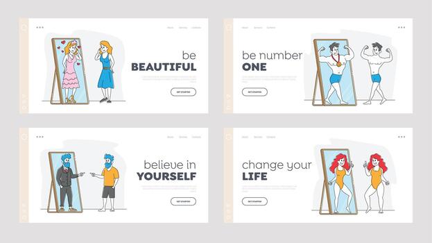 People Looking at Mirror Reflection Landing Page Template Set. Self-assessment and Personal Appearance. Male Female Characters Admire or Horrified with Image in Mirror. Linear Illustration vector
