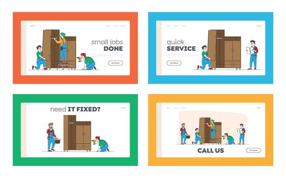 Furniture Assembling Landing Page Template Set. Workers Repair and Installation Works. Carpenter and Craftsman Characters Assembly Wardrobe with Shelves Using Tools. Linear People Illustration vector