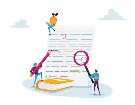 Tiny Characters with Magnifying Glass and Red Pencil Editing Mistakes in Paper Test. Teacher or Student Fix Grammar vector