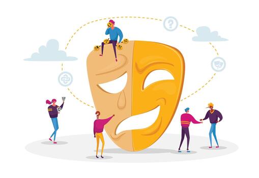 Hypocrisy. Characters Lying to Each Other, Hide Real Face. Man Sitting on Huge Mask with Smiling and Sad Crying Parts vector