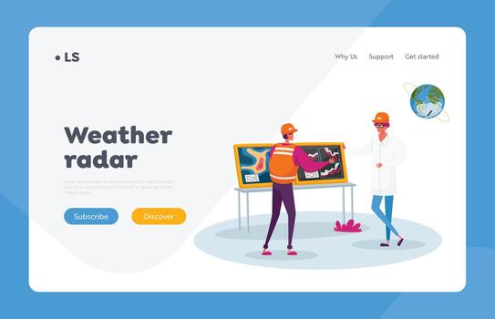 Meteorologist Presenting Weather Information Landing Page Template. Character Report Meteorological Parameters at Screen vector