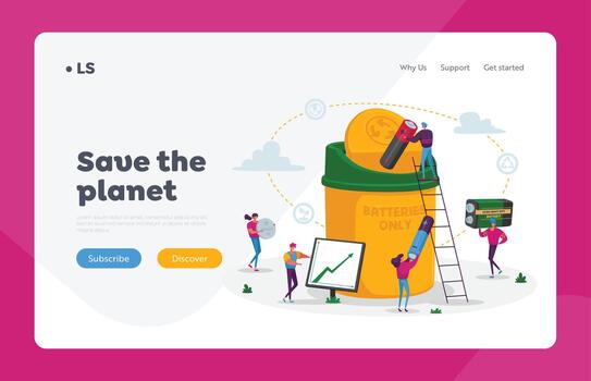 Battery Recycle Landing Page Template. Tiny Characters Put Batteries Trash to Huge Container. Garbage Disposal, Environment Conservation. Man at Grow Arrow Chart. Cartoon People Illustration vector