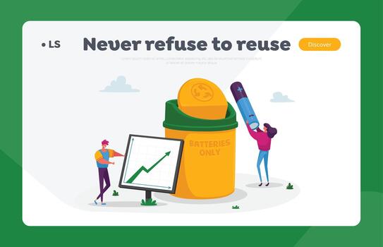 Reduce Earth Pollution Landing Page Template. Man Character Perform Growing Chart with Statistics of Using and Recycling Batteries and E-waste. Garbage Segregation. Cartoon People Illustration vector