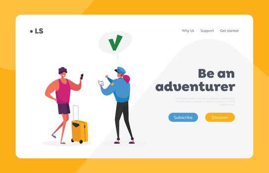 Visa Approval Landing Page Template. Passport Control Worker Character in Uniform Giving Green Check Mark to Tourist vector