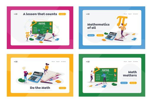 Math Science Landing Page Template Set. Tiny Student Characters in Lab or School Class Learning Mathematics at Huge Blackboard. People Gaining Education and Write Formula. Cartoon Illustration vector