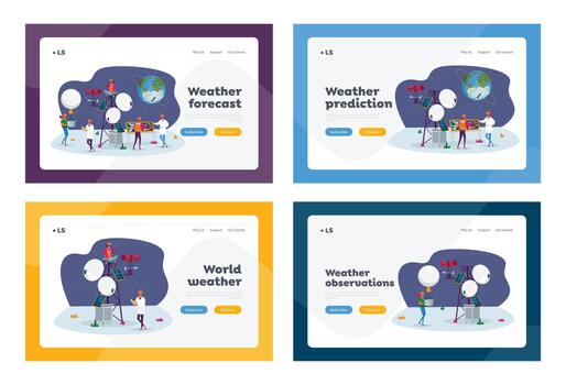 People on Meteorological Station Landing Page Template Set. Tiny Characters at Weather Tower, Satellite at Earth Orbit. vector