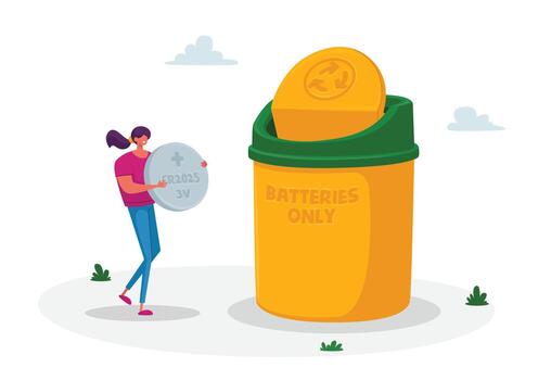 minúsculo mujer personaje llevar enorme tableta batería a lanzar basura dentro camada compartimiento para reciclar, clasificación residuos y segregación. ambiente proteccion, reducir tierra contaminación. dibujos animados ilustración vector