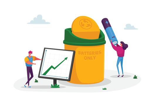 Man Character Perform Growing Arrow Chart with Statistics of Using and Recycling Batteries and E-waste. Data Graph Garbage Segregation and Reduce Earth Pollution. Cartoon People Illustration vector