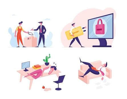 Set Business Characters Working Burnout, Procrastination, Delivery Service and Digital Key. People Sleeping at Workplace vector