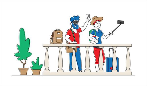 Man and Woman Tourists with Mobile Phone Make Photo Picture on Hostel Balcony. Characters with Cellphone Make Selfie vector
