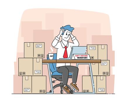 Tired Inventory Manager Male Character Sit in Warehouse with Stacks of Carton Boxes Working on Computer, Distribution vector