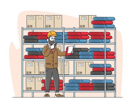 Inventory Manager Male Character Work in Warehouse with Stacks of Carton Boxes Checking List of Goods for Distribution vector