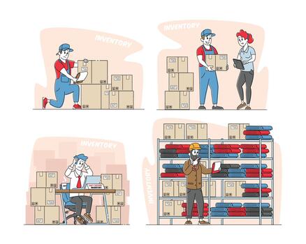 Set Physical Inventory Count Management. Storekeeper Characters Manage Warehouse Cargo Loading, Unloading Sorting vector