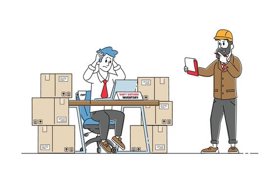 Inventory Managers Work in Warehouse with Stacks of Boxes and Pc Checking List of Goods for Distribution. Logistic vector