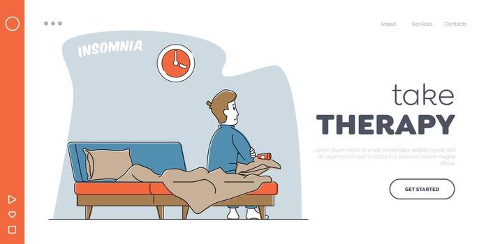 Insomnia Disorder Landing Page Template. Character Addict of Sleeping Pills. Man Can not Sleep Sit on Bed with Coffee vector