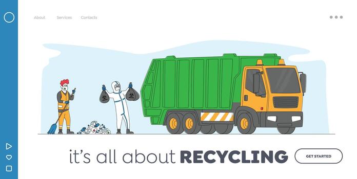Janitors Collecting Garbage to Sacks with Bio Hazard Signs Landing Page Template. Characters Throw Covid Waste Used Mask vector