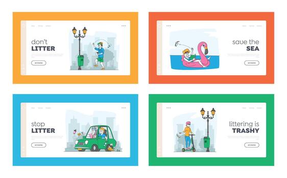People Littering, Pollution Landing Page Template Set. Characters Throw Garbage. Driver Throwing Trash Out of Car Window vector
